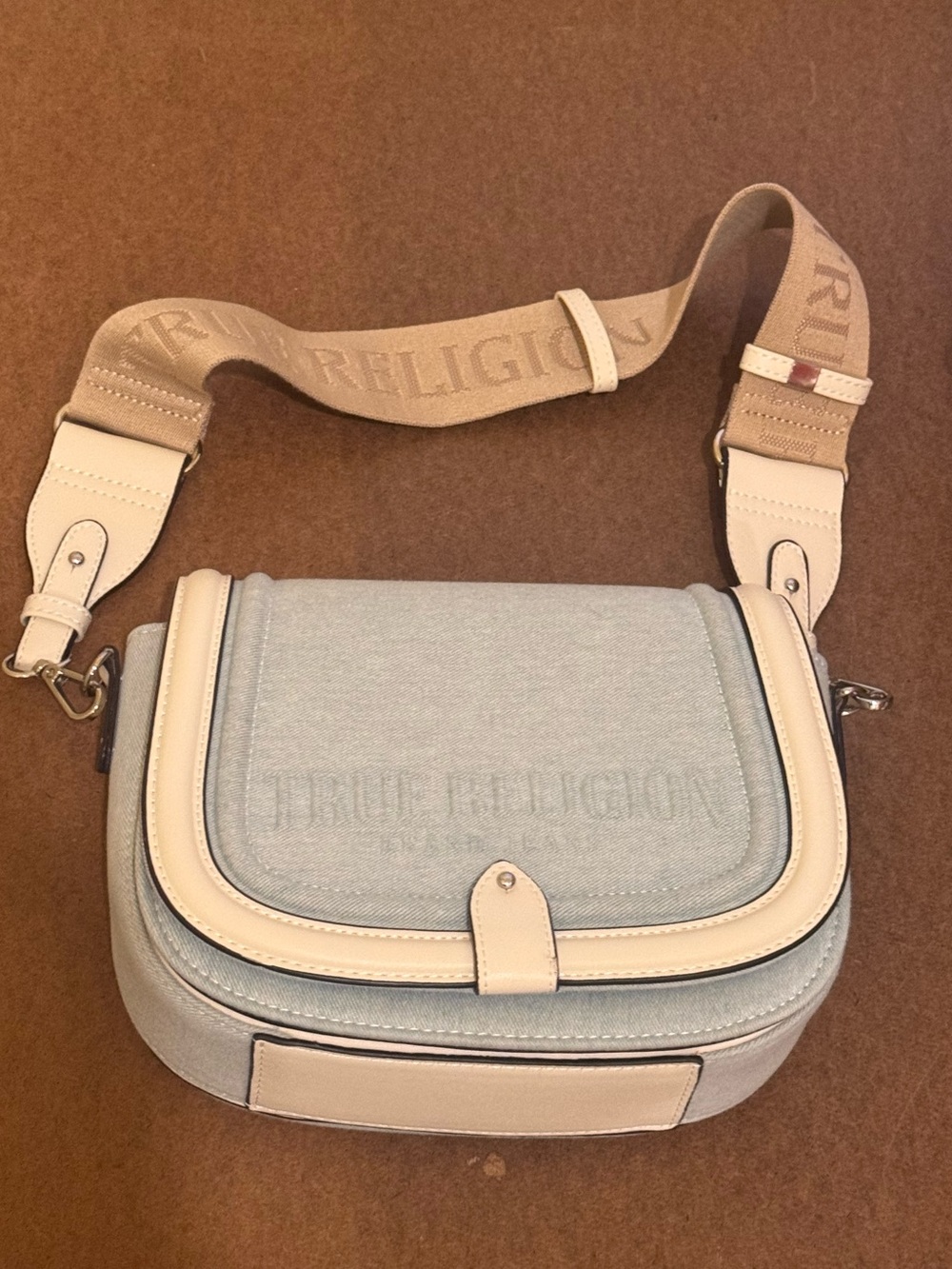 True Religion Pale Blue and Cream Crossbody Messenger